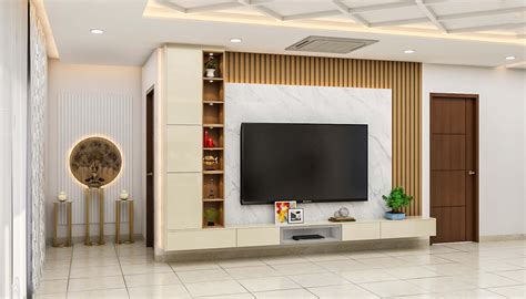 Contemporary TV Unit Design With Marble Panel And Wooden Rafters | Livspace