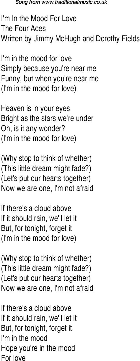 Top songs, 1935 music charts: lyrics for Im In The Mood For Love