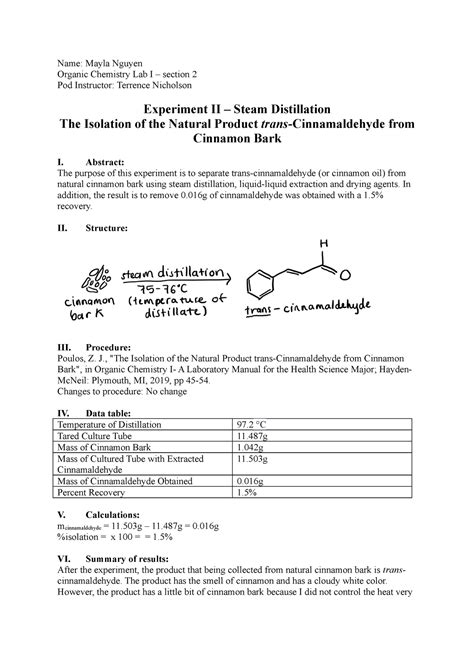 Lab report 1 - Experiment II – Steam Distillation - The Isolation of ...