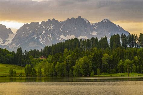 View of the Wilder Kaiser Mountain Range from Schwarzsee near Kitzbuhel, Tyrol, Austria, Europe ...