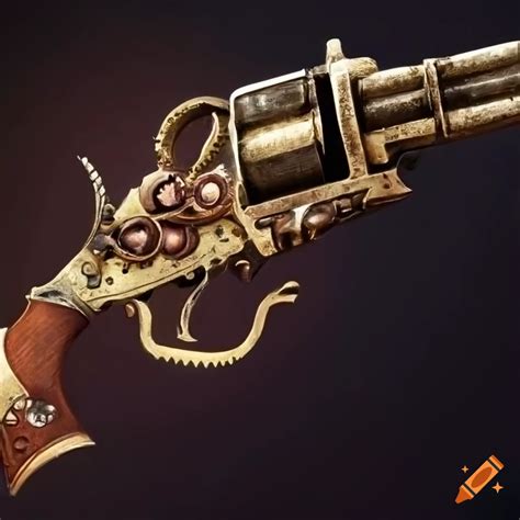 Image of a steampunk revolver with fiery runes
