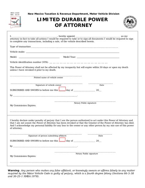 Free New Mexico Motor Vehicle Power of Attorney (Form MVD-11020) - PDF – eForms