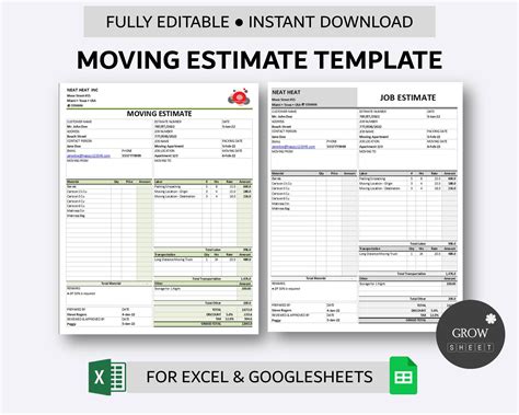 Printable Moving Estimate Template for Excel and Google Sheets Home ...