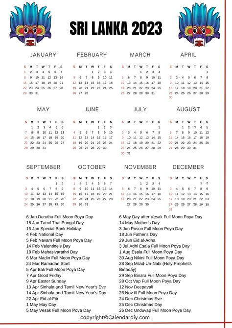 Sri Lanka 2023 Calendar with Public Holidays in PDF