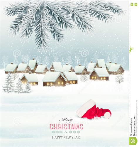 Winter Christmas Background with a Snowy Village Landscape Stock Vector ...