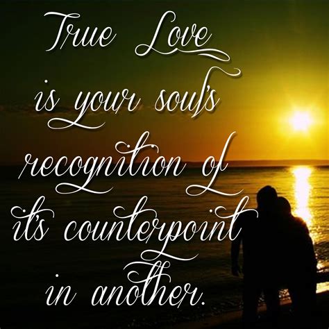 two people standing on the beach at sunset with a quote about true love is your soul's ...