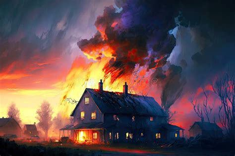 Smoke and Glow in Sky from Burning House in Village in Evening Stock Image - Image of smoke ...