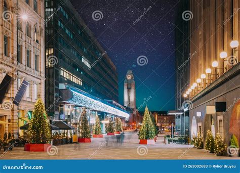 Helsinki, Finland. Night Starry Sky Above Shopping Mall And Helsinki Central Railway Station ...