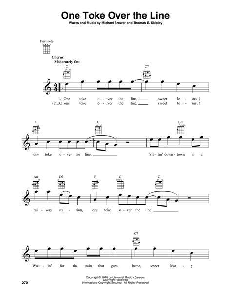 One Toke Over The Line by Brewer & Shipley Sheet Music for Baritone Ukulele at Sheet Music Direct