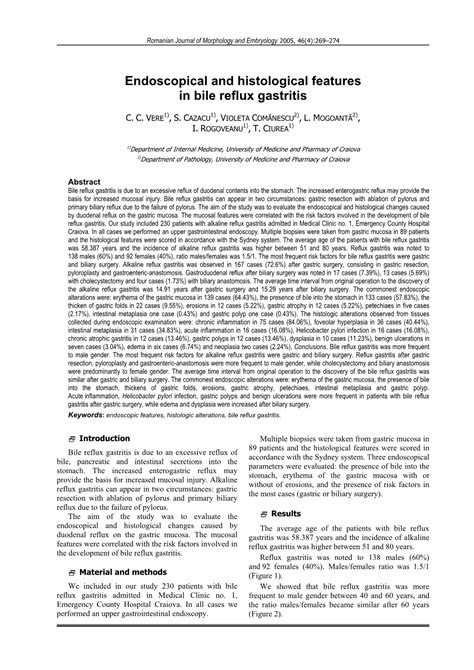 Endoscopical and Histological Features in Bile Reflux Gastritis - DocsLib