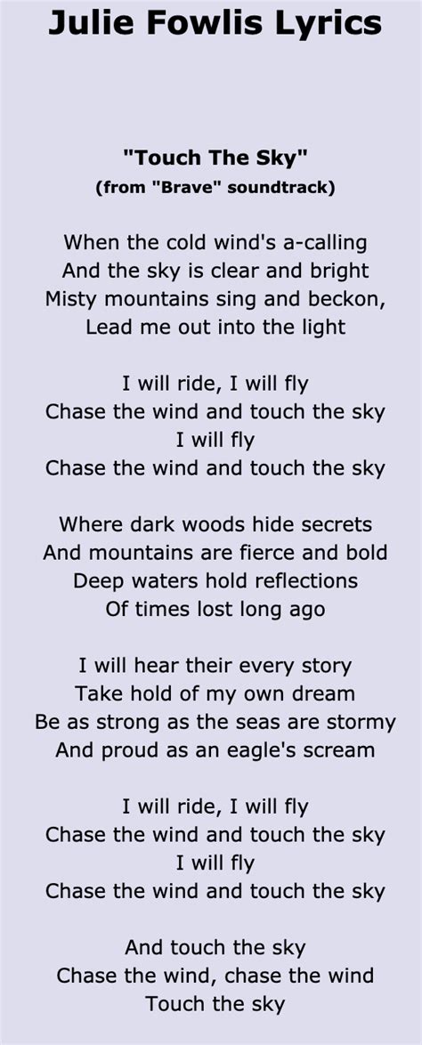 Touch The Sky - Brave Soundtrack Lyrics | Lullaby lyrics, Brave movie, Disney songs