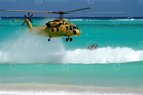 Search and rescue operation in sea. Emergency rescue helicopter flies ...