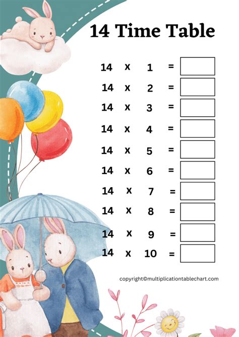 14 Times Table Worksheet | Multiplication Table