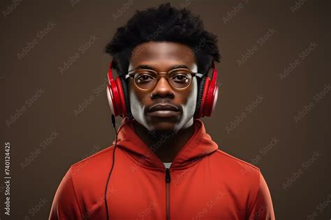 Afro american man wears glasses and headphones. Concept Portrait ...