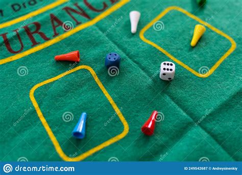 Colorful Game Chips and Two Dices. Entertainment. Family Games, Concept of Board Games. Table ...