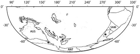 Geographic configuration (Mollweide projection) at 52 Ma showing early... | Download Scientific ...