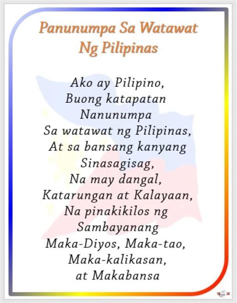 Presyo ng Laminated Chart "Panunumpa Sa Watawat Ng Pilipinas" Educational Charts For Kids(8.5x11 ...