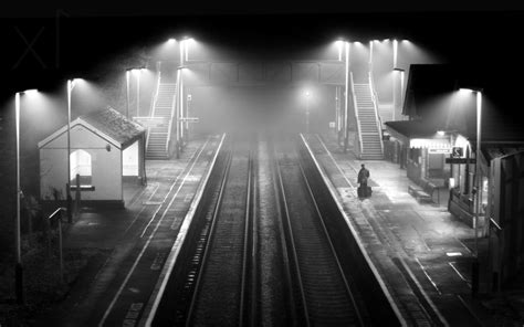 Download hd wallpapers of 273354-landscape, Monochrome, Train Station, Railway, Night, Mist ...