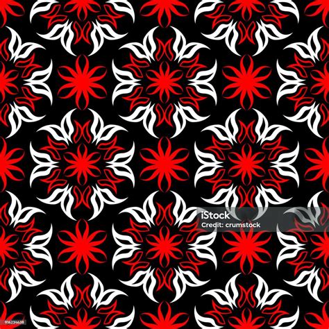 Seamless Floral Pattern Red And White Elements On Black Background Stock Illustration - Download ...