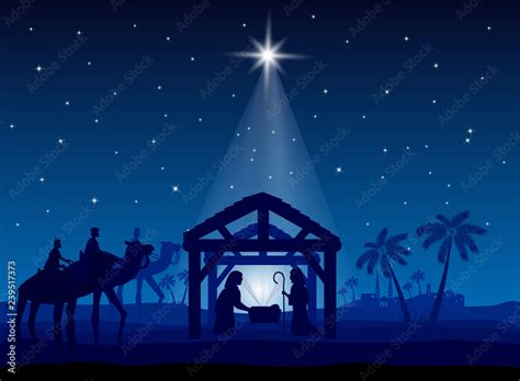 Nativity scene, Christmas star on blue sky and birth of Jesus ...