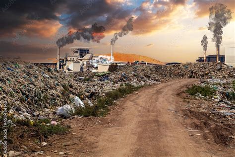 Huge garbage pile landfill and emissions factory, plastic pollution crisis. global warming ...