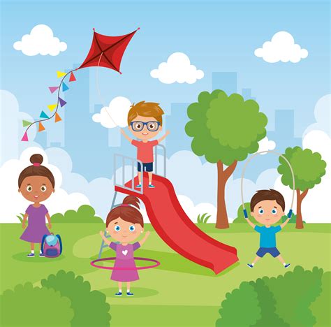 pequeño grupo de niños jugando en el paisaje del parque 4477004 Vector ...