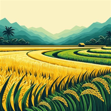 Yellow rice field with mountains in the background vector art ...