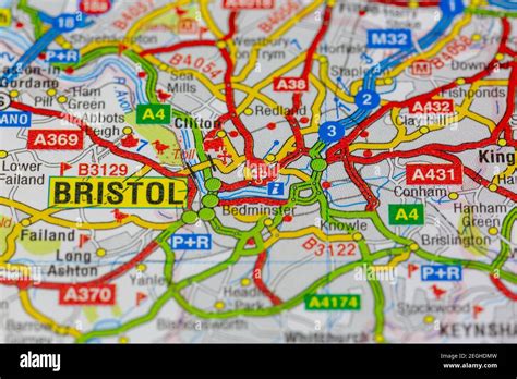 Bristol and surrounding areas shown on a road map or geography map ...