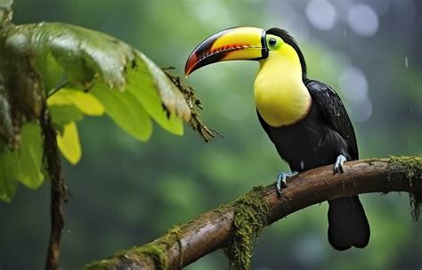 Chesnut mandibled Toucan sitting on the branch in tropical rain with a ...