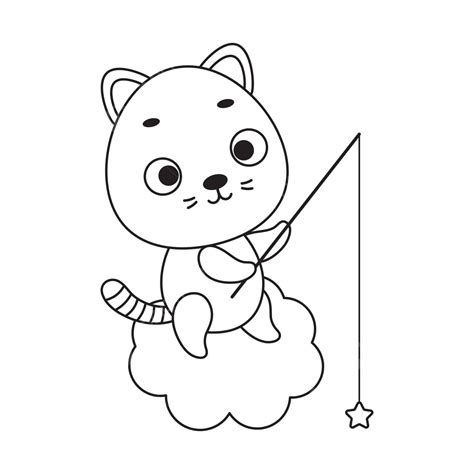 Cat Fishing Star Coloring Page For Kids Kindergarten Animal Pet Vector, Cat Drawing, Fish ...