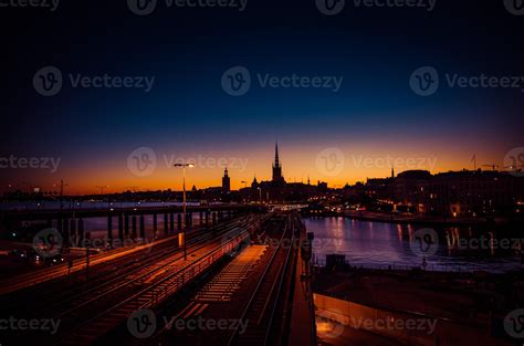 Silhouette of Stockholm cityscape skyline at sunset, dusk, Sweden 6109101 Stock Photo at Vecteezy