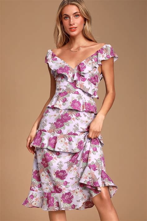 Cute Lavender Print Dress - Ruffled Dress - Ruffled Midi Dress - Lulus