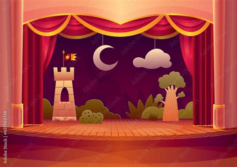 Theater stage with red curtains and on light. Vector cartoon ...