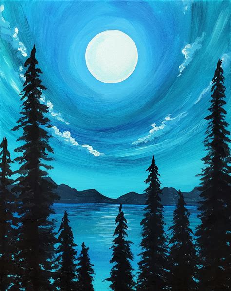 Use shades of blue to create this peaceful Moon Glow Forrest | Tuval resimleri, Tuval sanatı ...