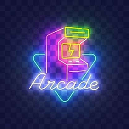 Arcade Game Neon Sign Bright Signboard Light Banner Arcade Machine Logo Neon Emblem Vector ...