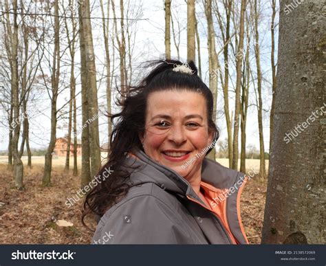 Smiling European Woman Forest Landscape Background Stock Photo 2138572069 | Shutterstock
