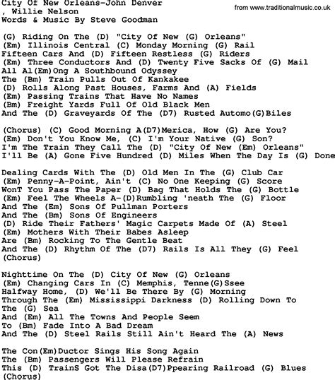 Country Music:City Of New Orleans-John Denver Lyrics and Chords