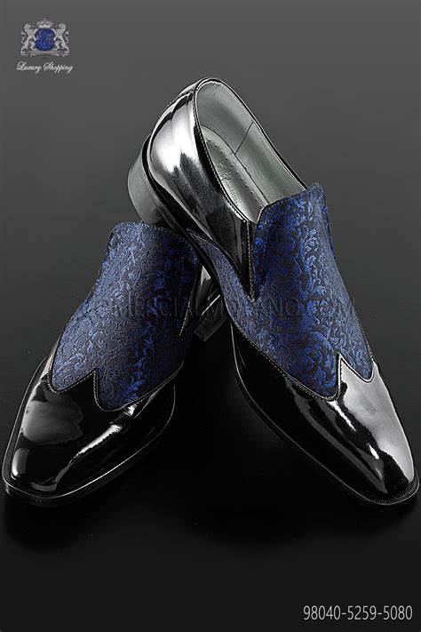 Black leather baroque shoes with blue brocade fabric Ottavio Nuccio Gala