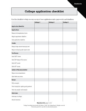 College Application Checklist Excel - Fill Online, Printable, Fillable, Blank | pdfFiller