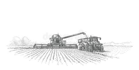 a drawing of two farm equipment in the middle of a field