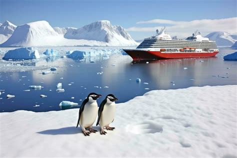 AI generated Antarctic penguins on the ice floe with cruise ship ...