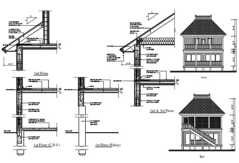 Roof Section And Elevation CAD Drawing - Cadbull