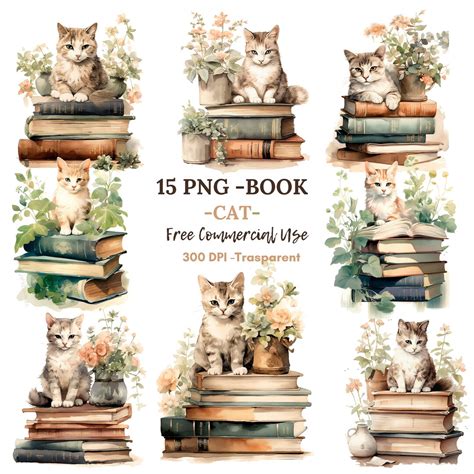 Book and Cat Clipart Bundle 15 High Quality Png,watercolor Home Decor ...