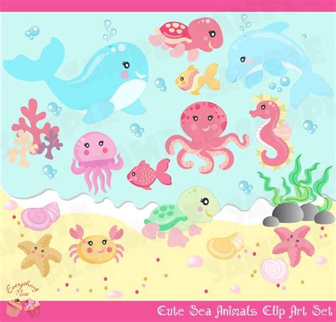 Cute Little Sea Animals Girl Clip Art Set