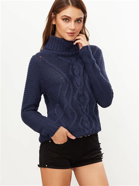 Navy Turtleneck Cable Knit Sweater -SheIn(Sheinside)