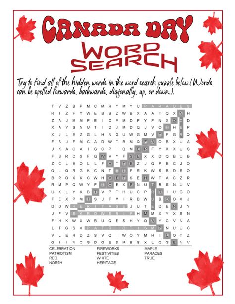 CANADA DAY WORD SEARCH Puzzle | Canadian Independance Day Word Search ...