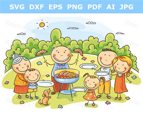 Cartoon Doodle Family Having Picnic Clipart Family BBQ Illustration ...