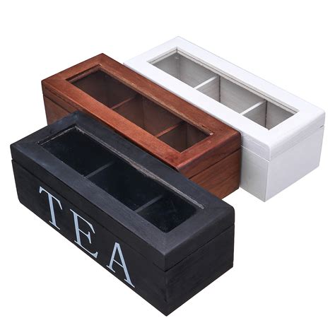 New Tea Bag Stores Wooden Tea Box 3 Compartments Hinged Glass Lid Tea Organizer Jewelery Box ...