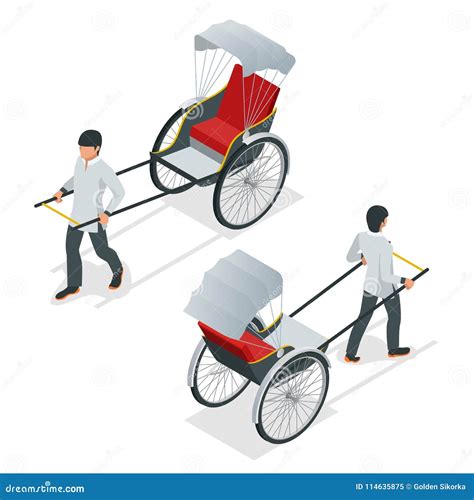 Isometric Hand Pulled Rickshaw, Rickshaw China or Indian Vector. Front and Rear View. Stock ...