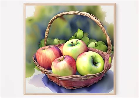 Apple Watercolor Painting Basket With Apple Print Fruit Still - Etsy